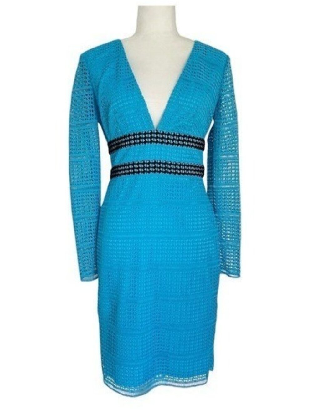NWT $349 Diane von Furstenberg Blue Crochet V-Neck Long Sleeve Mini Dress Size 2